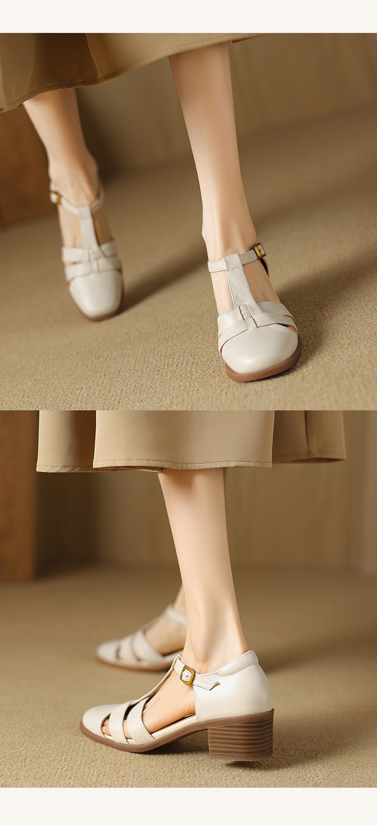 Sandal nữ quai chữ T da cừu rỗng gót xuồng 5 cm — Màu be chi tiết 10