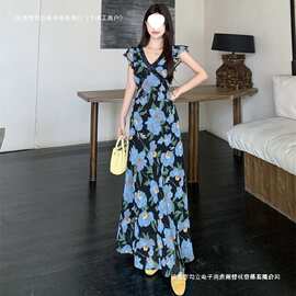 大码法式度假风碎花领荷叶袖蕾丝拼接连衣裙夏季复古百搭字长裙