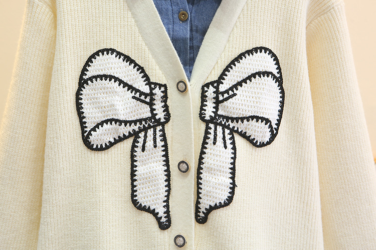 Cárdigan de dos piezas falso bordado de estilo francés para mujer de talla grande, diseño patchwork de mezclilla con lazo, prenda exterior de moda de otoño_voghion.com