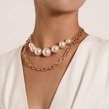 欧美跨境饰品 镶钻大颗珍珠多层项链女 个性复古夸张朋克链条项饰