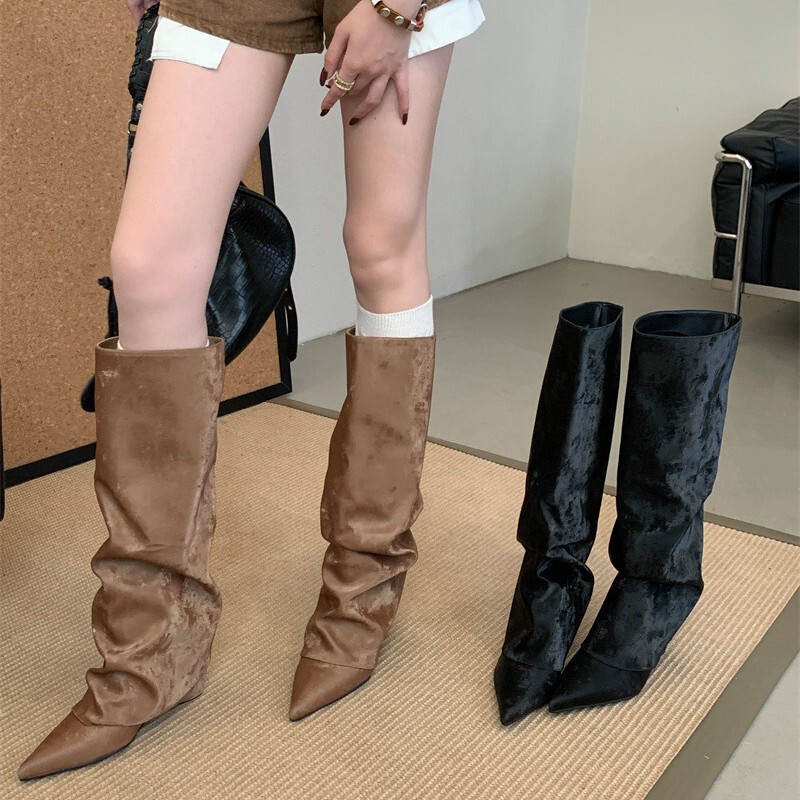Vintage Niche Design Long Boots with Pointed Toe and Hidden Heel, Straight-Leg Boots for Women, 2025 Autumn and Winter Slimming Slip-On High Boots Vintage Niche Design Long Boots with Pointed Toe and Hidden Heel, Straight-Leg Boots for Women, 2025 Autumn and Winter Slimming Slip-On High Boots