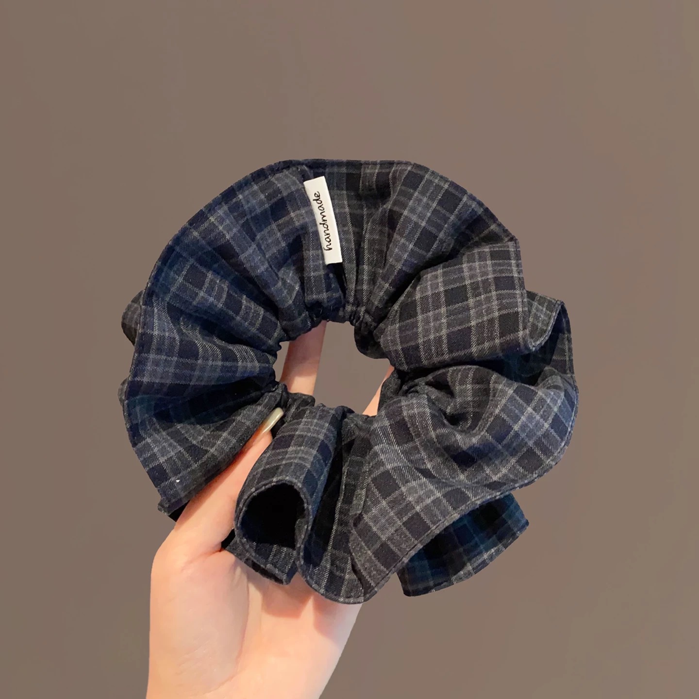 35# navy blue small checkered double-layer ribbon with label, approximately 13cm