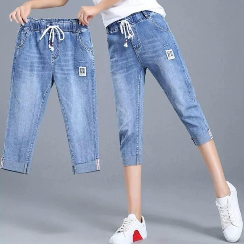 Джинсовые/хлопковые брюки, женские летние укороченные брюки с высокой талией, студенческие тонкие, большие размеры, утягивающие эластичные шаровары с широкими штанинами и эластичной резинкой на талии