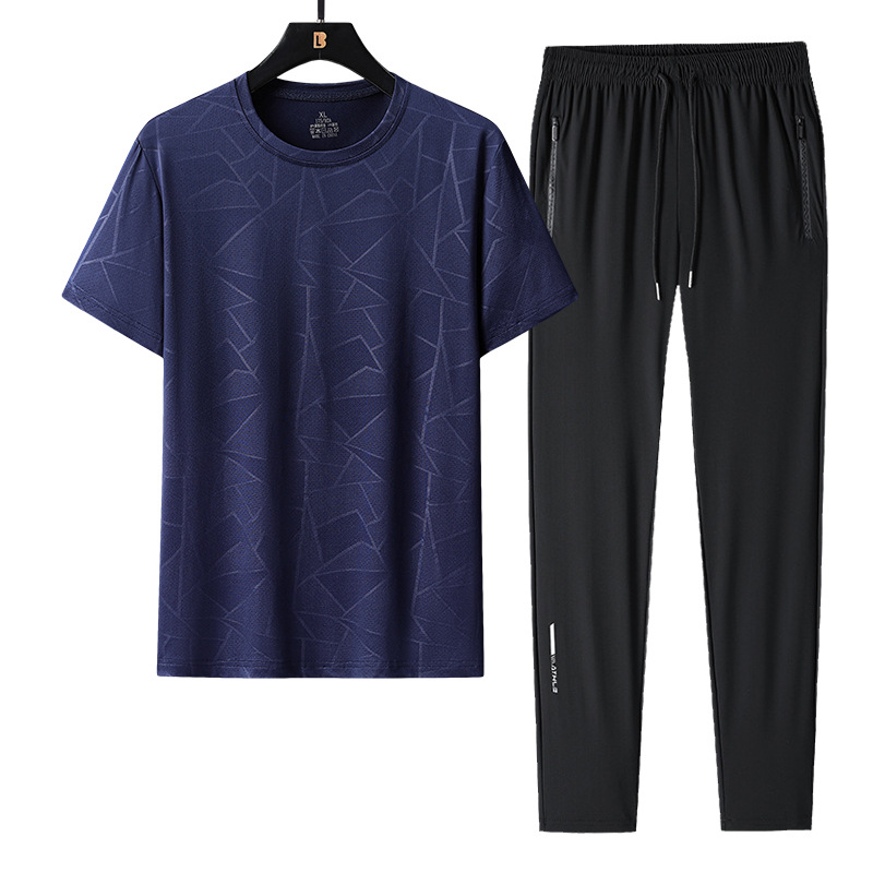 Traje de ocio deportivo para hombre de verano, seda de hielo, cuello redondo de secado rápido, pantalones de manga corta, camiseta para hombre, traje de dos piezas de gran tamaño de verano