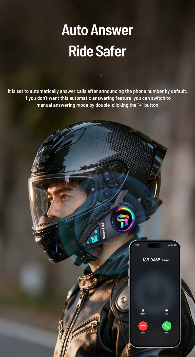 Motorcycle helmet Bluetooth headset LX6, waterproof, noise-reducing, four sound effects, riding headset, direct factory supply, samples available