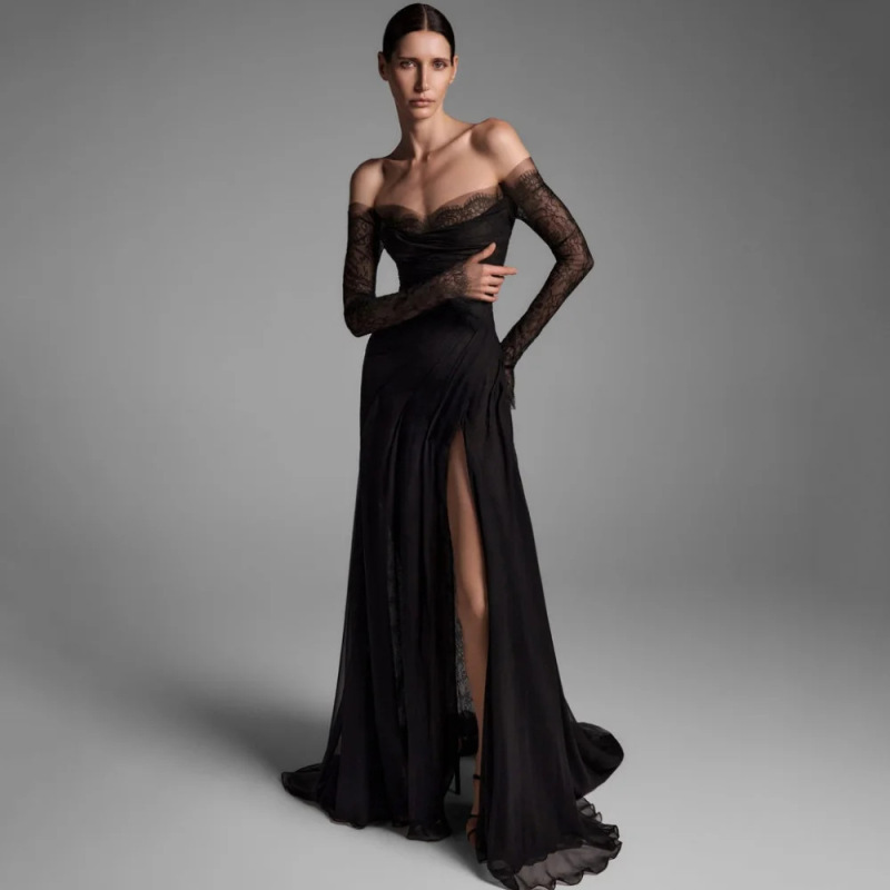 Black Lace Long-Sleeve Evening Dress, Elegant and High-End Sheer Tulle Ball Gown for Runway Shows 2026 Black Lace Long-Sleeve Evening Dress, Elegant and High-End Sheer Tulle Ball Gown for Runway Shows 2026