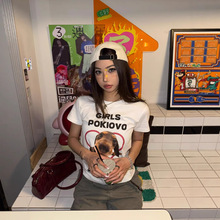 2025美式潮流字母狗头印花修身短袖t恤女夏季百搭宽松高弹上衣ins