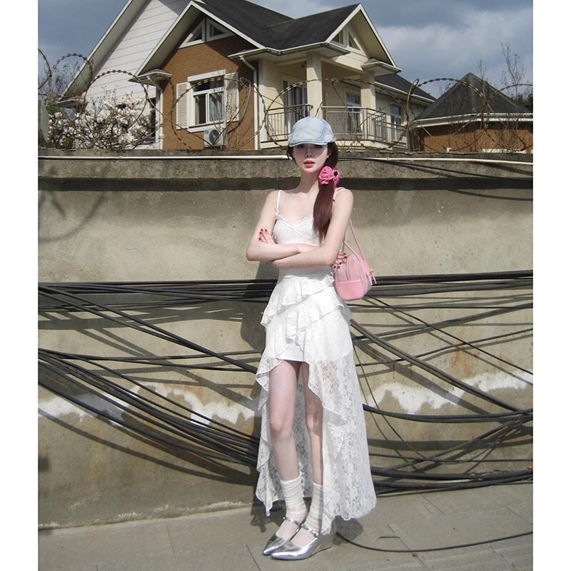 Pure Lust Sexy Style Irregular Hem Slit Dress Romantic Atmosphere Slim Lace Suspender Skirt Summer