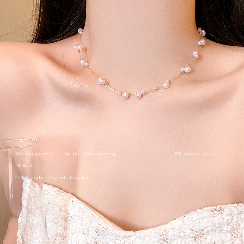 Collier ras-de-cou coréen double rang en perles et étoiles pour femme, accessoire de luxe léger et raffiné._voghion.com