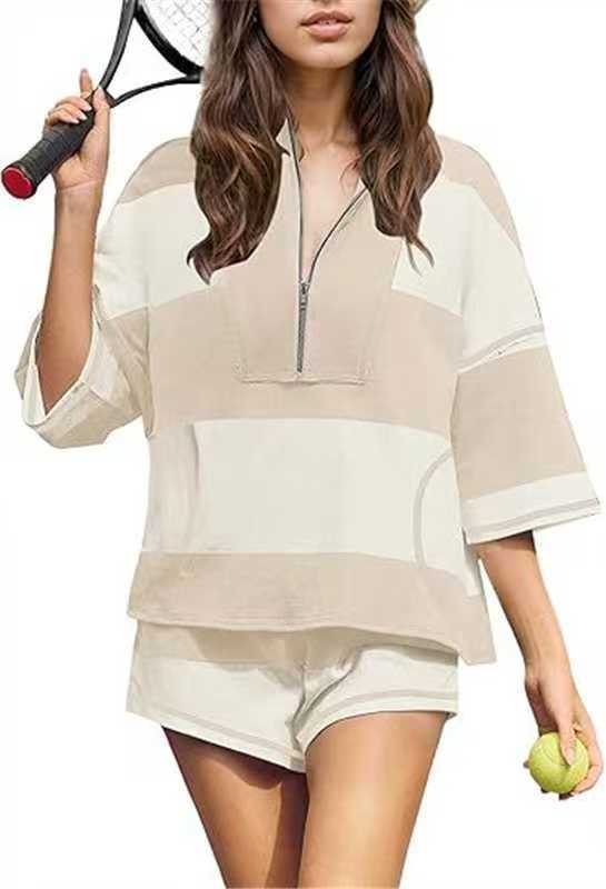 Striped Knit Lounge Set, Short Sleeve Top With Shorts, Comfortable Casual Outfit For Women Relaxed Fit For All-Day Wear_ecoleips.com