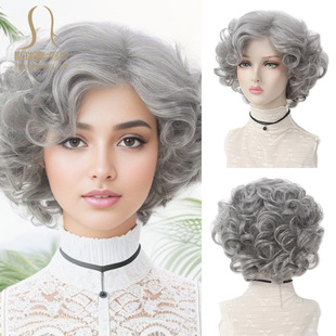 Stage performance old lady grandma gray performance wig European and American lady curly hair gray wig short headgear Amazon