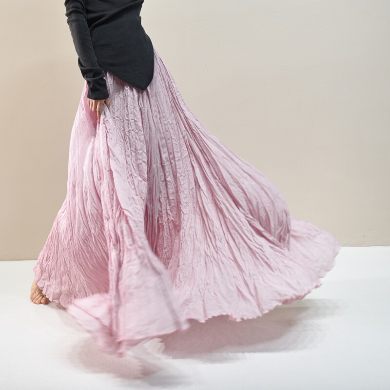 Pleated Mori Girl Style Cotton-Linen Texture Large Hem A-Line Skirt for Women, Spring and Autumn High-Waisted Slimming Plus-Size Long Skirt for Summer Pleated Mori Girl Style Cotton-Linen Texture Large Hem A-Line Skirt for Women, Spring and Autumn High-Waisted Slimming Plus-Size Long Skirt for Summer