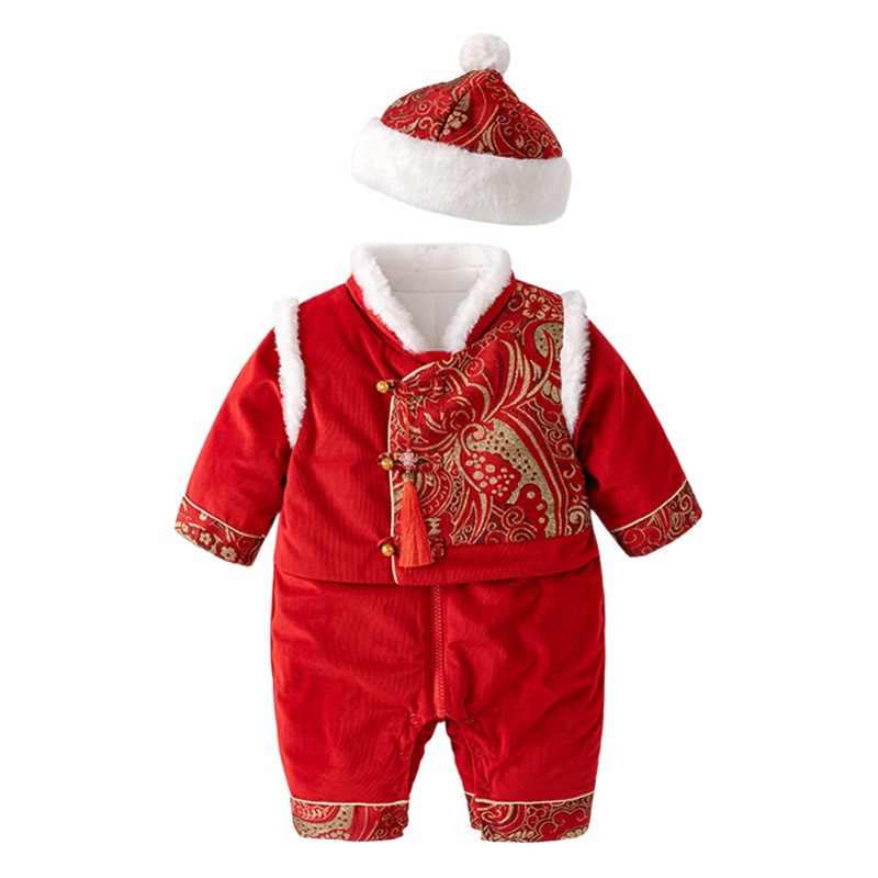 Ropa de bebé invierno nueva engrosada mono caliente niño bebé captura semana vestido estilo chino Tang traje Año Nuevo saludo ropa