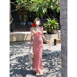 夏季新款甜美法式红色格子吊带连衣裙子女度假风鱼尾长裙