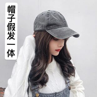 Hat Wig All-in-One Women's Medium and Long Curly Hair Cyber Celebrity Big Wave Curly Hair Baseball Hat with Fake Hair Full Head Cover