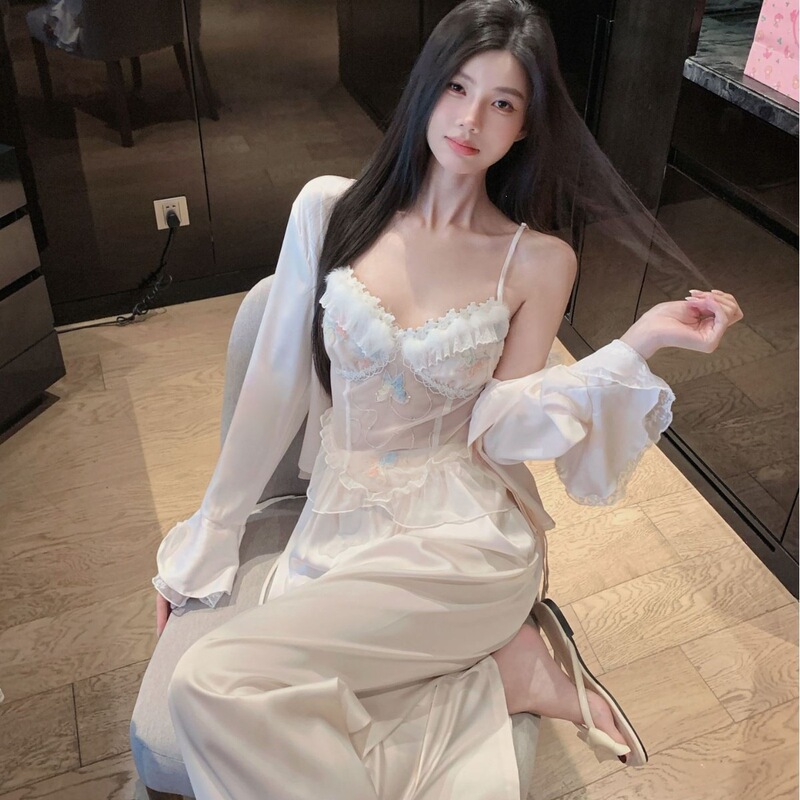 Ice Silk Pajamas for Women, Summer with Chest Pads, Sexy Suspenders, Four-Piece Set, Designer Style, Fairy Style, Feather Loungewear, Long Sleeves