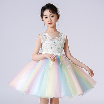 Princess Dress girl David Jacobs Rainbow Dress Flower girl wedding Little Girl Catwalk Piano Costume Evening dress