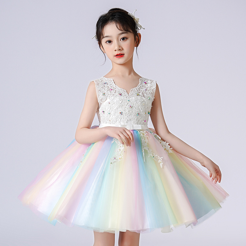 Princess Dress girl David Jacobs Rainbow Dress Flower girl wedding Little Girl Catwalk Piano Costume Evening dress