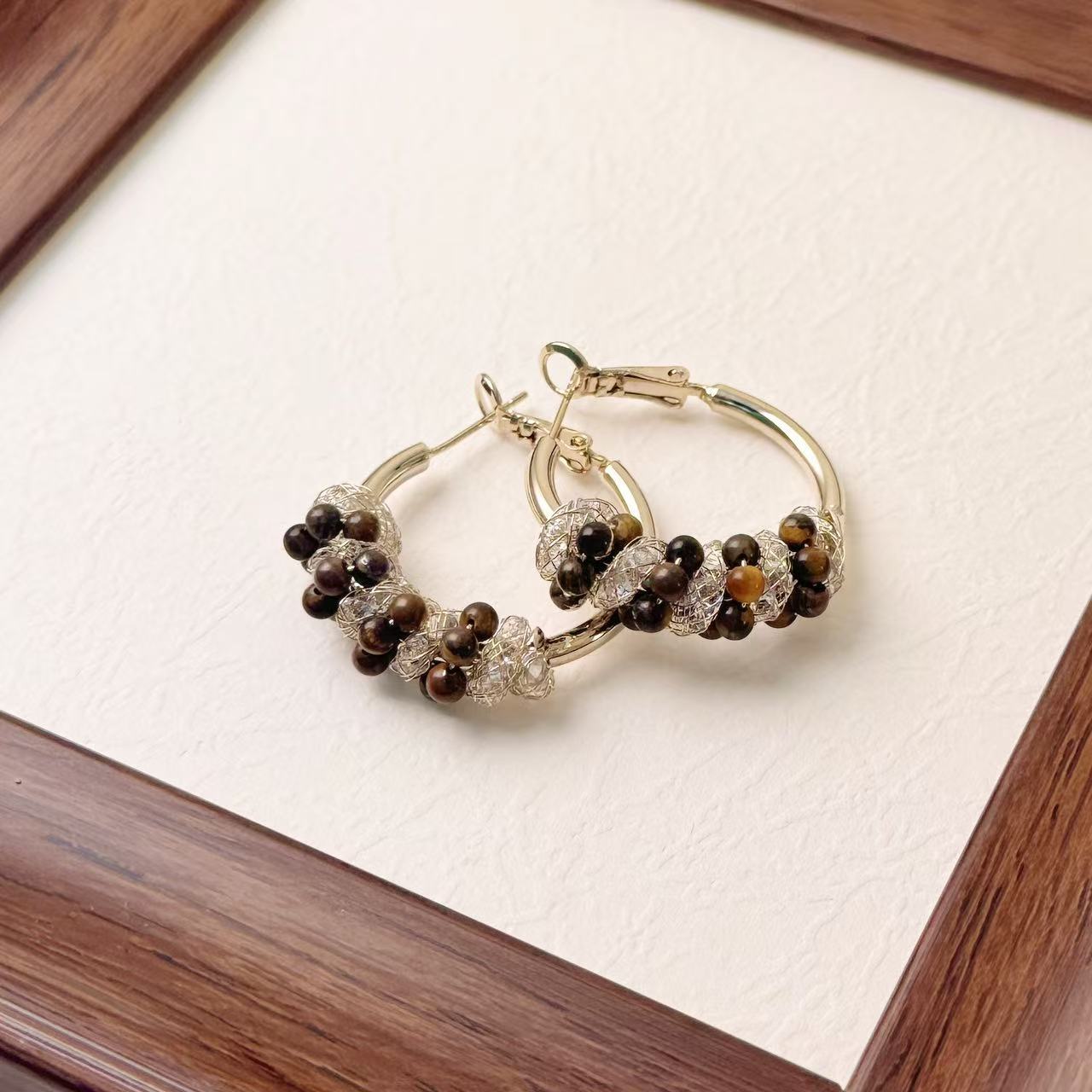 Aini Bini Maillard Tiger Eye Stone Earrings: Light Luxury, Fashionable, Unique, High-End, Vintage, Hong Kong Style, Niche