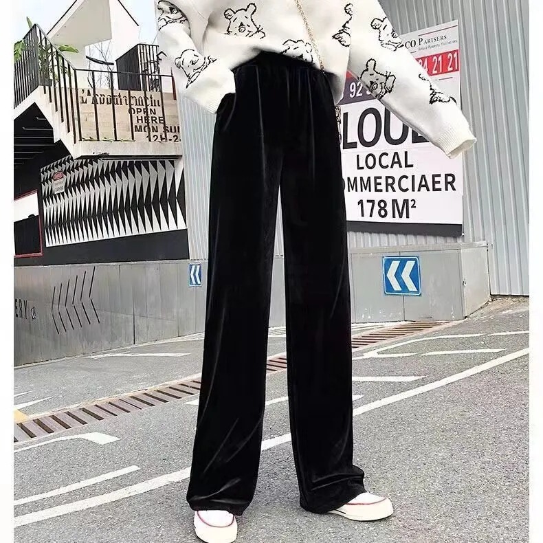 2023 spring, autumn and winter new wide-leg pants women's high waist drop feeling gold velvet sports casual loose straight long pants