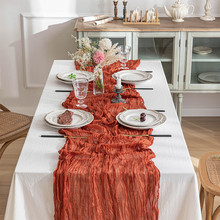 跨境纯色巴厘纱绉布桌旗美式婚礼派对装饰皱布出口欧美桌布