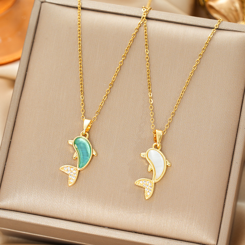 Korean Style Simple Personality Cat's Eye Stone Dolphin Necklace Female Niche Cute Internet Popular Collarbone Chain All-match Jewelry