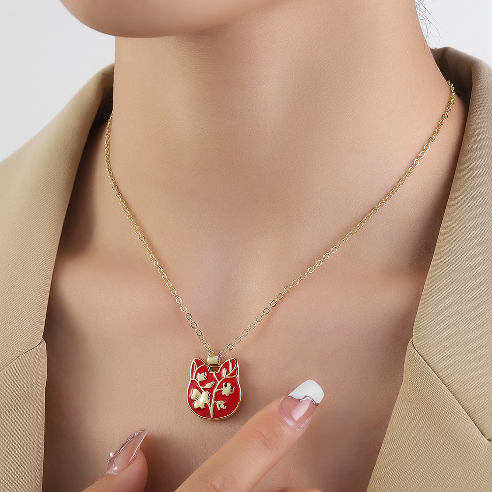 Retro Cat Flower Copper Pendant Necklace Enamel Copper Necklaces