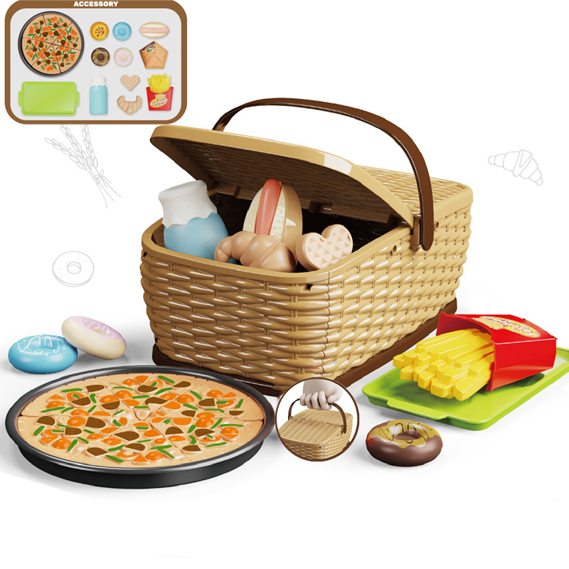 Simulación transfronteriza para niños Juguetes de juego para el hogar Camping para bebés Picnic Fruta Burger Pizza Cesta de mano Juego de almacenamiento