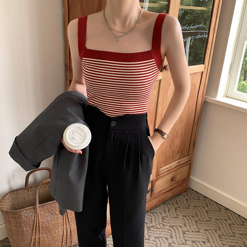 Retro striped knitted camisole women's  summer new short style inner wear and outer wear hot girl bottoming top