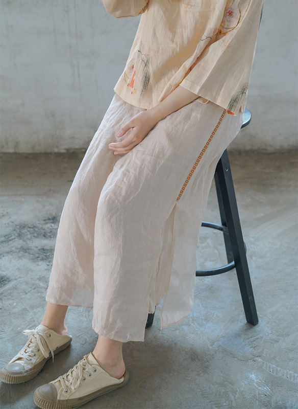 Original Pastoral Art Double-layer High Fork Elegant Straight Pants All-match Loose Slimming Straight Lace Pants K21143