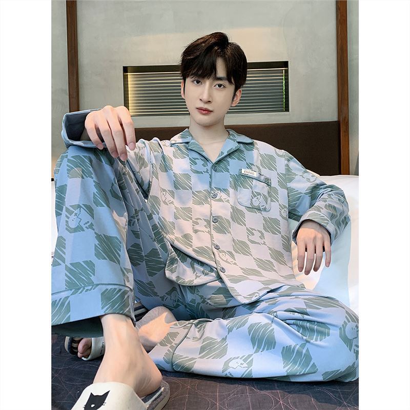 100% pijamas de los hombres de algodón de Primavera y Otoño de manga larga 2023 nuevo estilo de la Rebeca A Cuadros de desgaste del hogar otoño y invierno