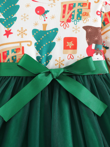 Christmas-themed foreign trade children's clothing—new arrivals for small and medium-sized kids: girls' two-piece faux-joined Christmas dress with double bow ties, trendy.