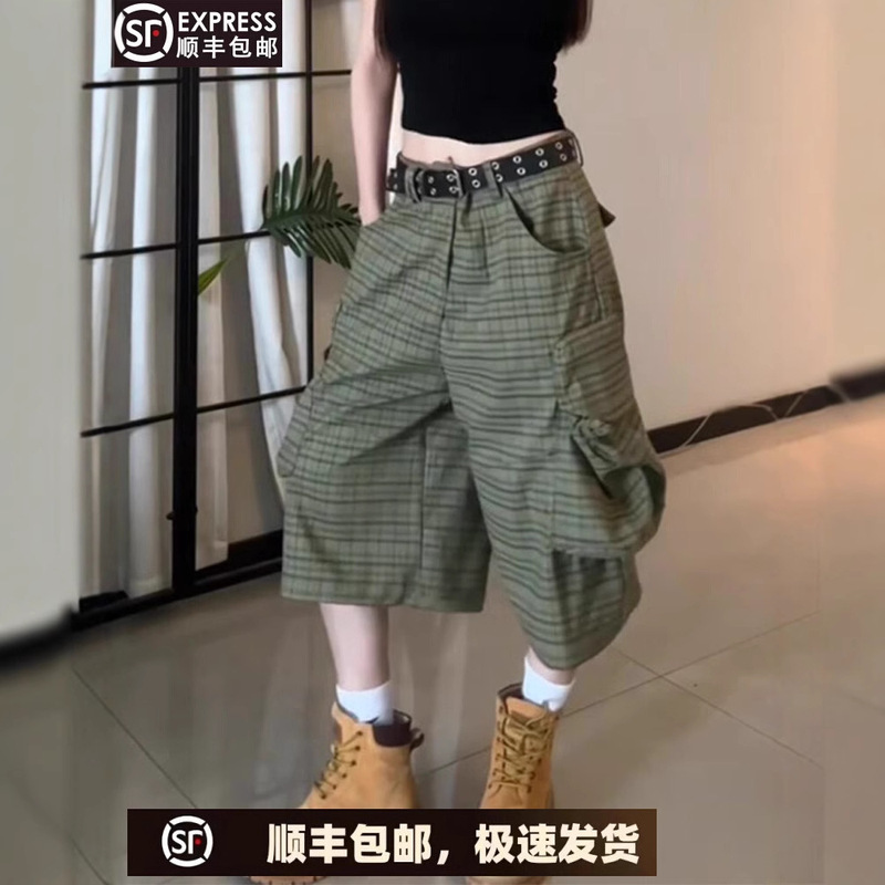 Army Green Plaid Design Workwear Style Cropped Pants for Women 2025 Autum New Fashion Versatile Large Size Wide Leg Pants