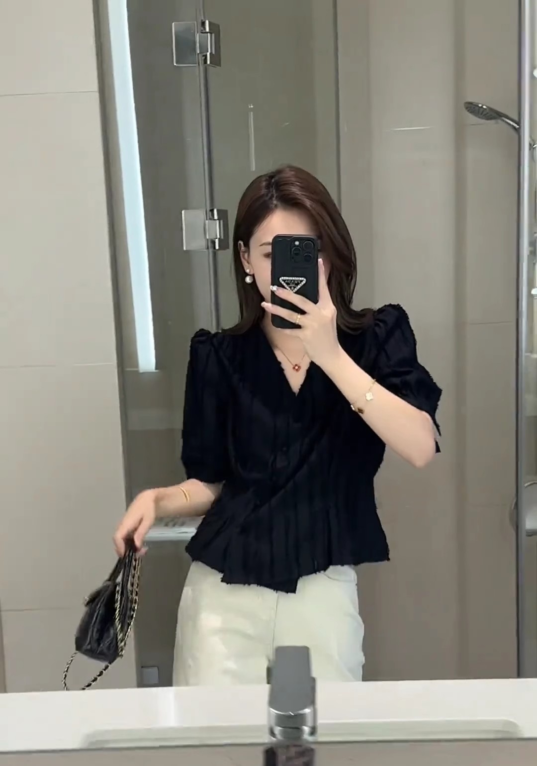 Áo sơ mi nữ tay ngắn chấm bi kiểu Pháp thắt eo — Chấm đen trắng chi tiết 3