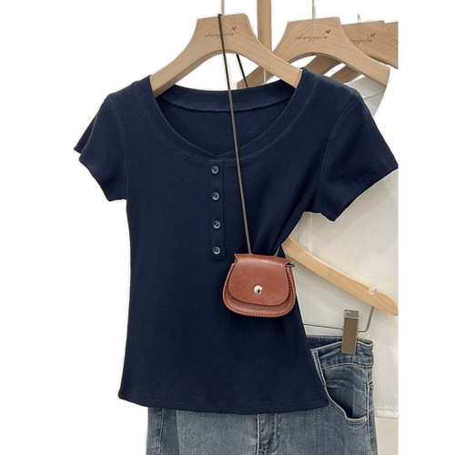 Korean-style design pure color regular shoulder short-sleeve women's summer half-collared stylish T-shirt