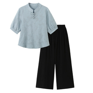 Retro Ethnic Style Improved Cotton and Linen Casual Pure Color Artistic Short-Sleeved Shirt Top + Loose Wide-Leg Pants Suit for Women