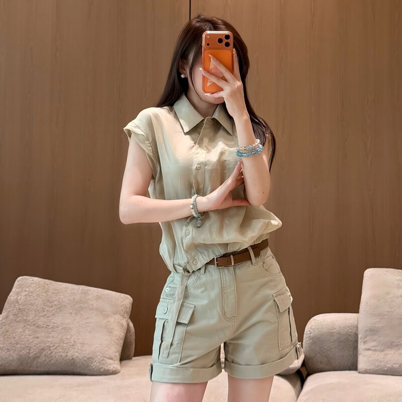 Versatile Commuter Lapel Shirt for Women, Summer Slim-Fit Short-Sleeve Urban Style Lyocell Thin Top