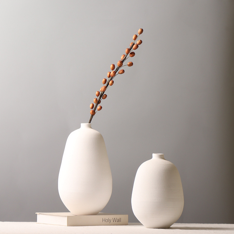Modern Simple Handmade Pottery Frosted White Creative Flower Arrangement Decoration Tea Room Small Mouth Vase Vase Decoration