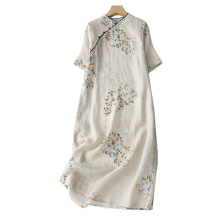 改良旗袍夏季新款时尚印花复古棉麻女装显瘦高端气质短袖连衣裙