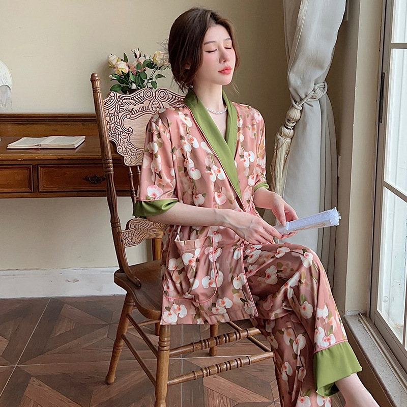 (2개) 아이스 실크 파자마 여성용 봄 새로운 반팔 바지 투피스 달콤한 사랑 스타일 카디건 홈 의류
