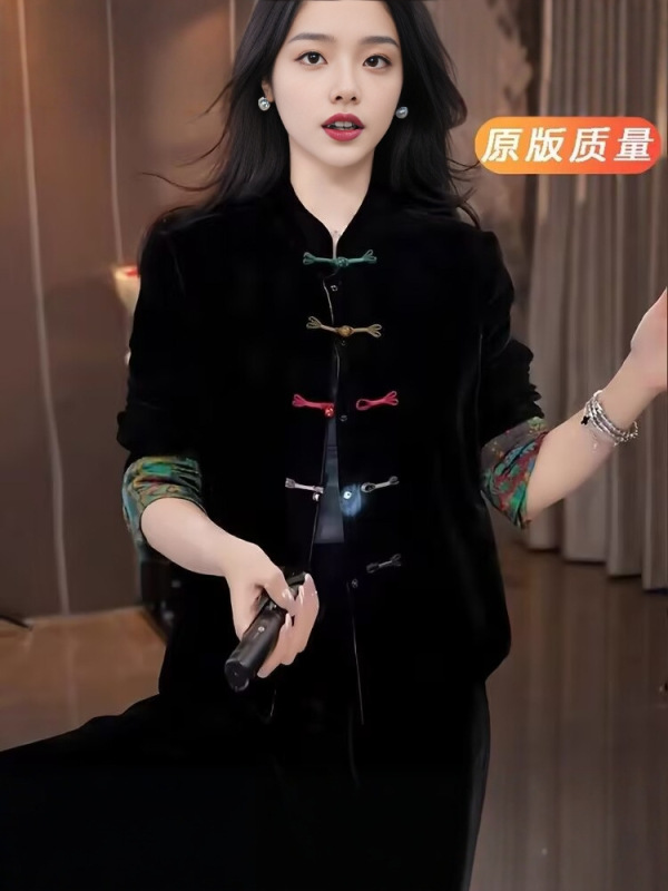新中式国风印花盘扣黑色丝绒外套女2025新款气质双面穿宽松上衣|undefined