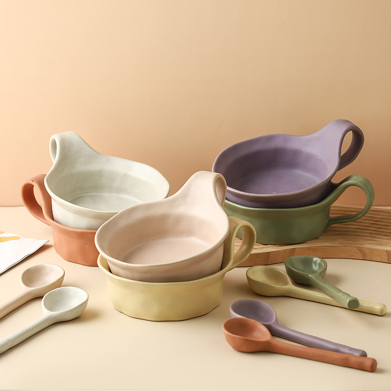 Ceramic Breakfast Bowl High Color Value Stoneware Handle Fruit Salad Snack Bowl Household Four Seasons Baking Bowl Children's Tableware