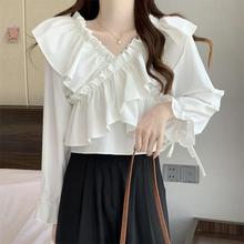 法式荷叶边衬衫女新款设计感小众交叉V领别致甜美气质百搭上衣