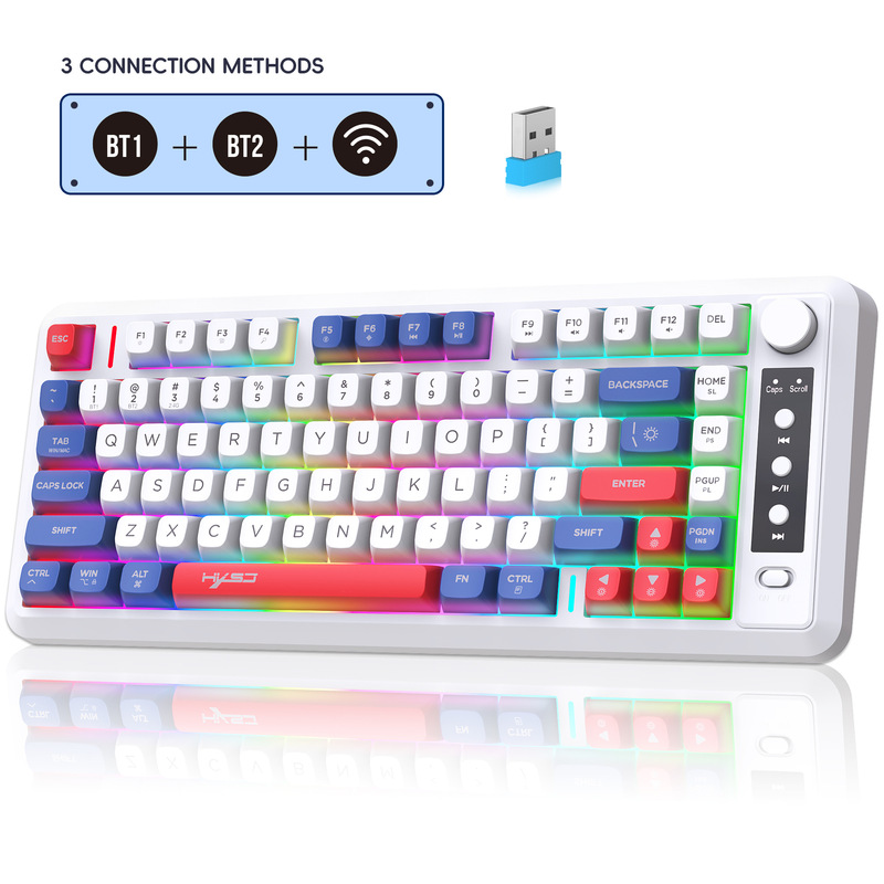 Three-Mode Bluetooth Wireless Membrane Keyboard Dual-Color Ball Cap 81-Key Rechargeable Colorful Office Gaming Keyboard in Stock