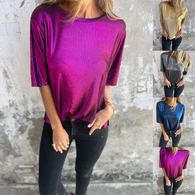 summer solid color short sleeve T-shirt with a round collar for…