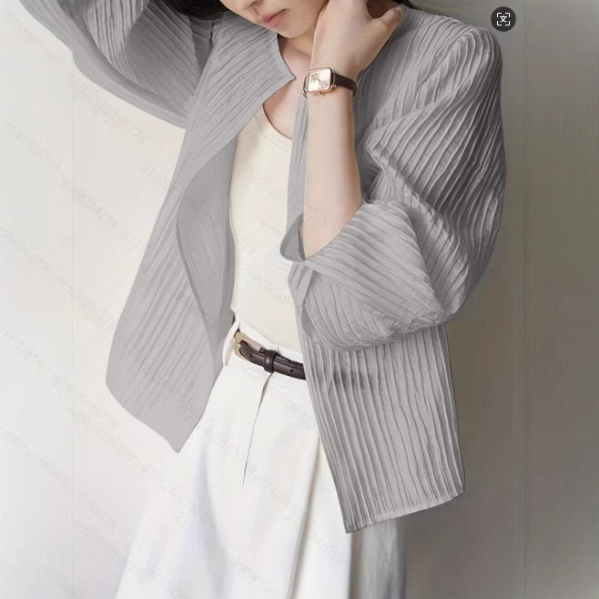 Korean Chic Versatile Off-White Crinkled Three-Dimensional Vertical Stripe Three-Quarter Sleeve Shirt for Women, New Spring/Summer Commuter Sun Protection Clothing Korean Chic Versatile Off-White Crinkled Three-Dimensional Vertical Stripe Three-Quarter Sleeve Shirt for Women, New Spring/Summer Commuter Sun Protection Clothing