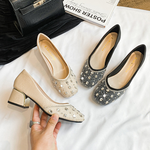 French evening shoes high heels with thick and medium soles women's 2024 new spring and autumn large size women's shoes 41-43