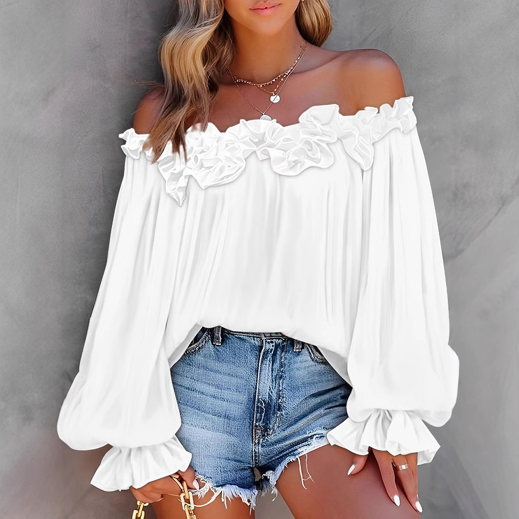 Elegant Off-Shoulder Long Sleeve Blouse With Flowy Bell Sleeves - Relaxed Fit Women's Tunic Top_ecoleips.com