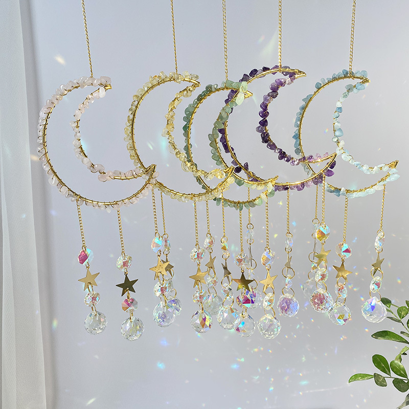 新品天然原石碎石挂件批发天然水晶碎石月亮花园装饰太阳捕手风铃