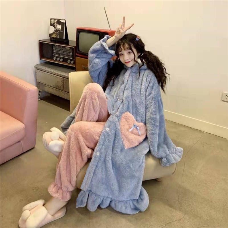 特価!! パジャマ女性の冬のパジャマは保温冬の学生のかわいいバスローブとベルベットはサンゴのベルベットを厚くした|undefined